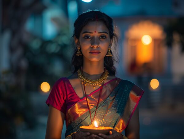 A Indian woman holding a Diya in the Diwali festivities image