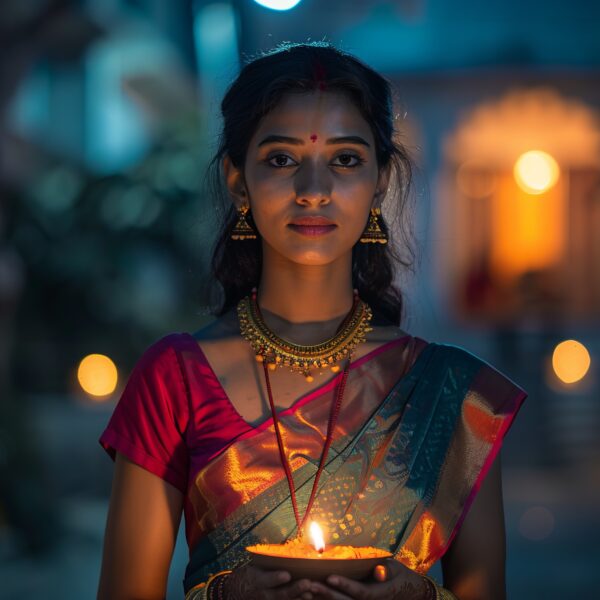 A Indian woman holding a Diya in the Diwali festivities image