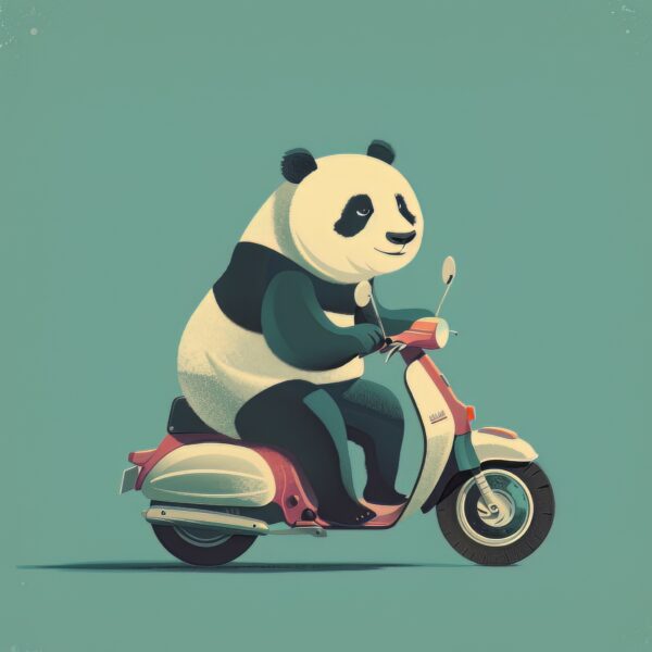 A cartoon of a panda riding a scooter in a minimalist style