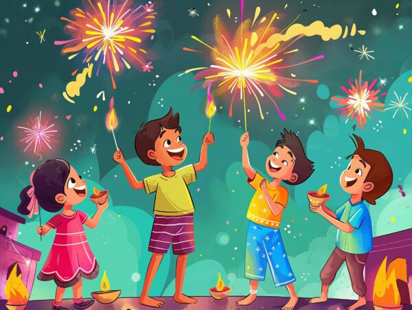 A cartoon showing children igniting firecrackers and enjoying a sky lit with fireworks on Diwali