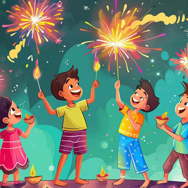 A cartoon showing children igniting firecrackers and enjoying a sky lit with fireworks on Diwali