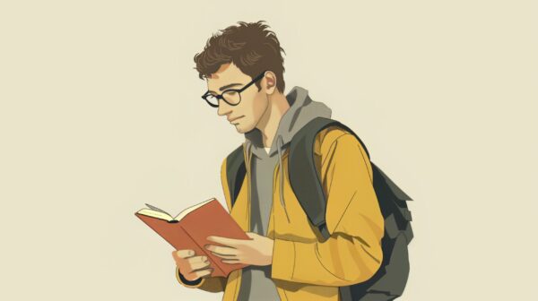 A graphic of a man engrossed in a book