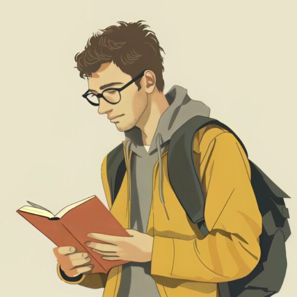 A graphic of a man engrossed in a book