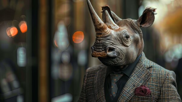 A high definition picture of a rhinoceros donning a business suit