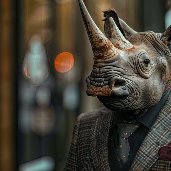 A high definition picture of a rhinoceros donning a business suit