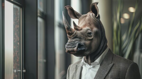 A hyper realistic photo of a rhinoceros dressed in a business suit