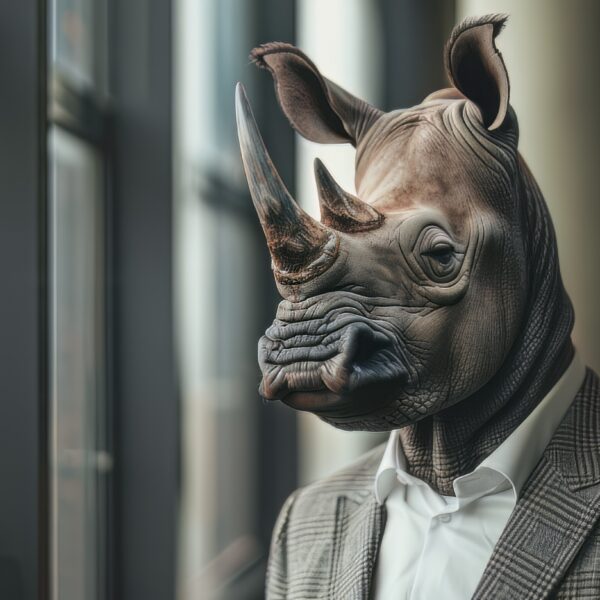 A hyper realistic photo of a rhinoceros dressed in a business suit