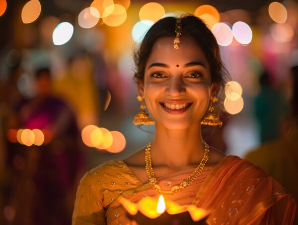 A joyful Indian woman holding a Diya celebrating Diwali with a radiant smile Image