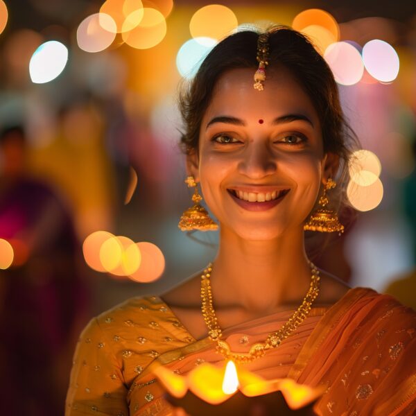 A joyful Indian woman holding a Diya celebrating Diwali with a radiant smile Image