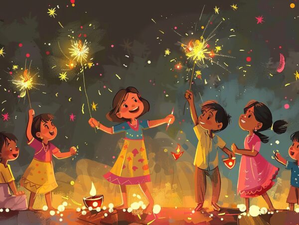 A lively cartoon depicting many children setting off firecrackers with fireworks lighting up the Diwali sky