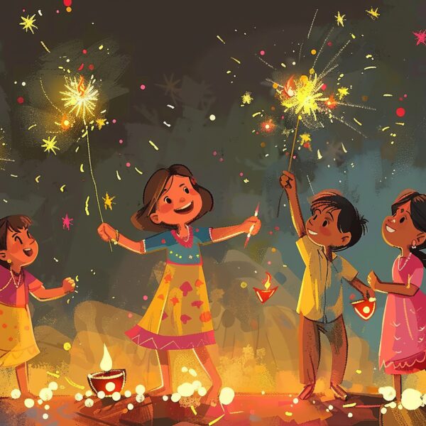 A lively cartoon depicting many children setting off firecrackers with fireworks lighting up the Diwali sky