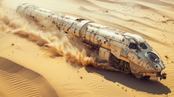 A photo of a A Futuristic Train Racing Through a Deserted Post Apocalyptic Landscape