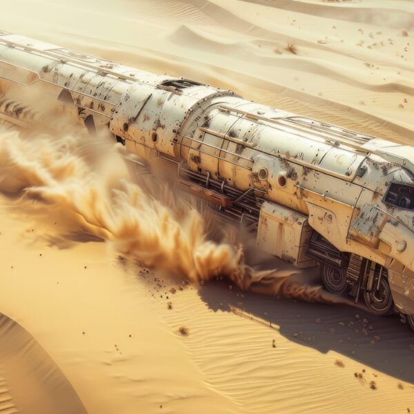 A photo of a A Futuristic Train Racing Through a Deserted Post Apocalyptic Landscape