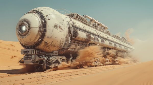 A photo of a A Futuristic Train Traversing a Desert in a Post Apocalyptic World