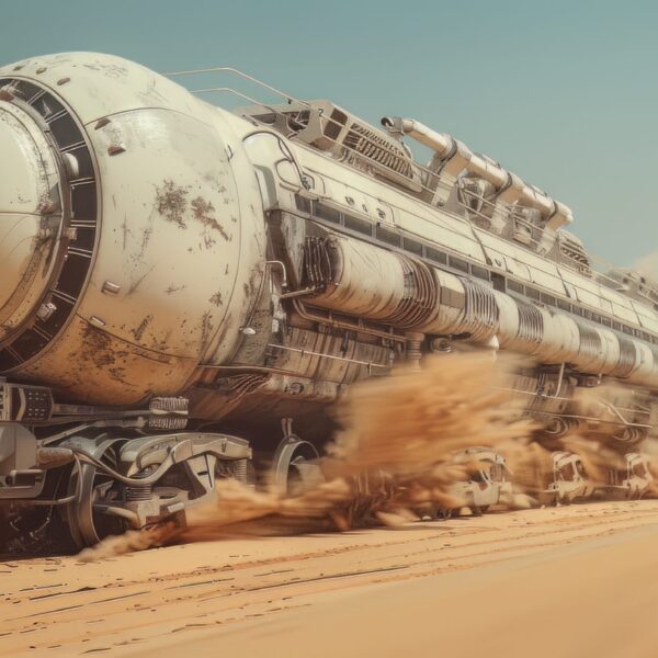 A photo of a A Futuristic Train Traversing a Desert in a Post Apocalyptic World