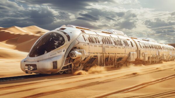 A photo of a A Futuristic Train in a Barren Post Apocalyptic Desert