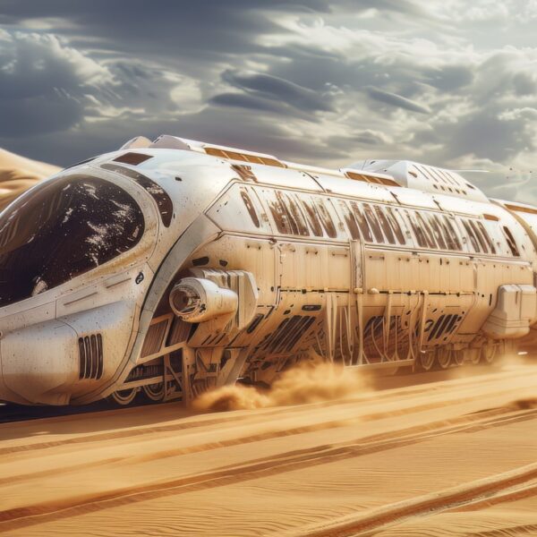 A photo of a A Futuristic Train in a Barren Post Apocalyptic Desert