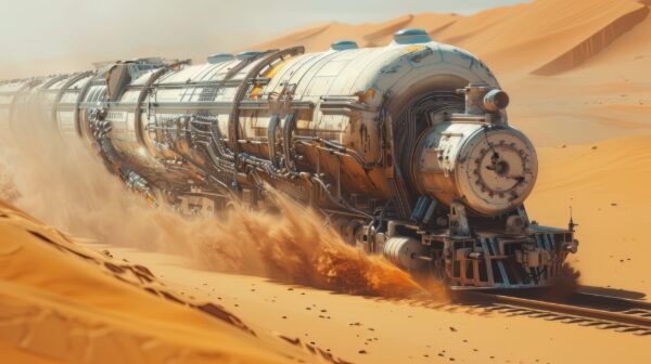 A photo of a A Futuristic Train in a Bleak Desert World