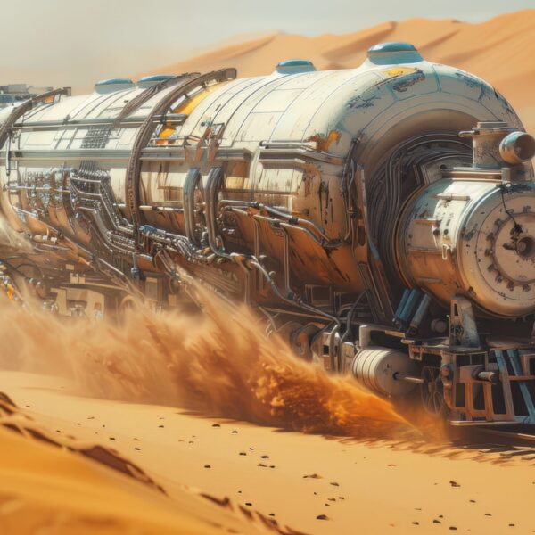 A photo of a A Futuristic Train in a Bleak Desert World