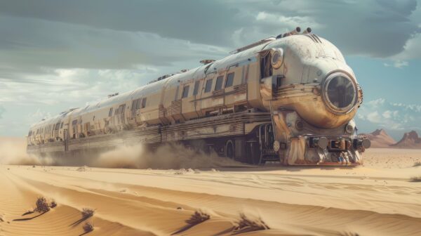 A photo of a A Futuristic Train in a Desert Wasteland