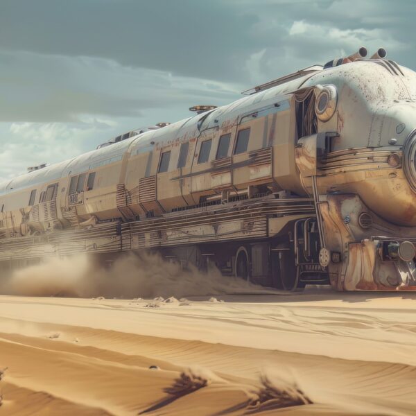 A photo of a A Futuristic Train in a Desert Wasteland