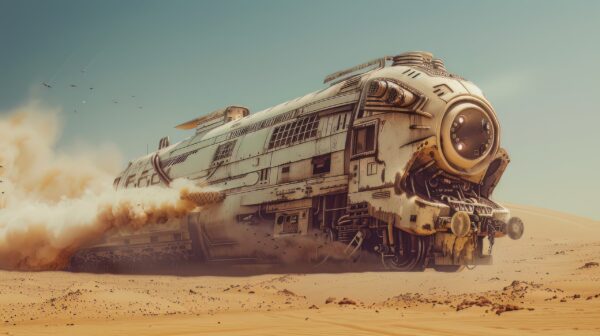 A photo of a A Surreal Train Navigating a Desert in a Post Apocalyptic World