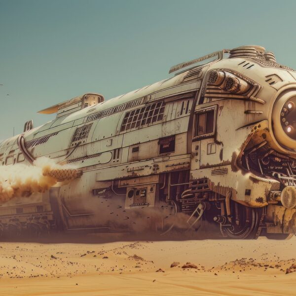 A photo of a A Surreal Train Navigating a Desert in a Post Apocalyptic World