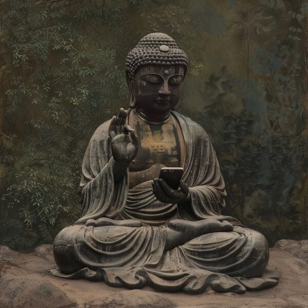 A photo of a Buddha statue holding a mobile phone