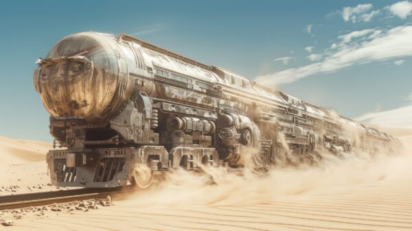 A photo of a Futuristic Train Journeying Across a Desert in a Post Apocalyptic Setting