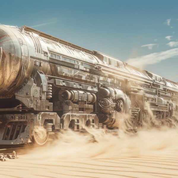 A photo of a Futuristic Train Journeying Across a Desert in a Post Apocalyptic Setting