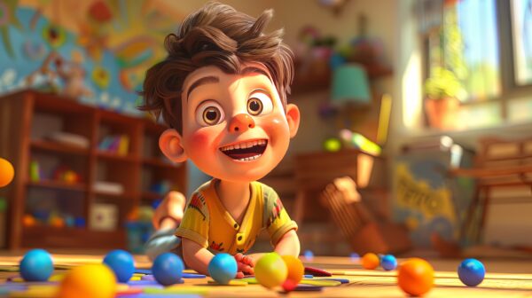 A photo of a Happy funny kid playing with a ball in Pixar style