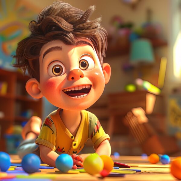 A photo of a Happy funny kid playing with a ball in Pixar style