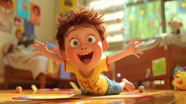 A photo of a Joyful kid playing with toys in a Pixar like manner