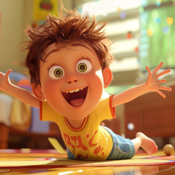 A photo of a Joyful kid playing with toys in a Pixar like manner