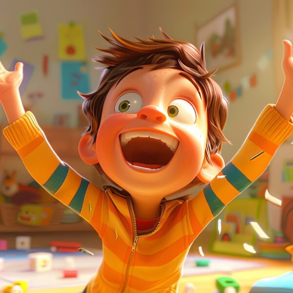 A photo of a Pixar inspired happy child having fun with