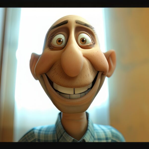 A photo of a Pixar style character with a joyful and funny bald man