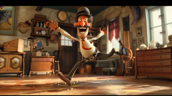 A photo of a Pixar style character with a joyful and funny man dancing