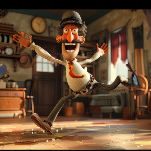 A photo of a Pixar style character with a joyful and funny man dancing