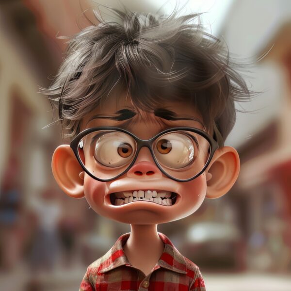 A photo of a Pixar style funny kid at school scared