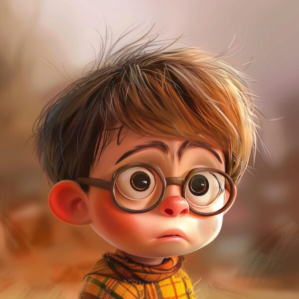 A photo of a Pixar style funny kid with glasses sad