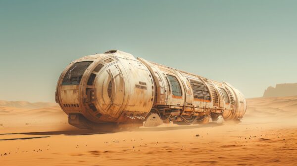 A photo of a Train Speeding Across a Desert in a Post Apocalyptic Realm