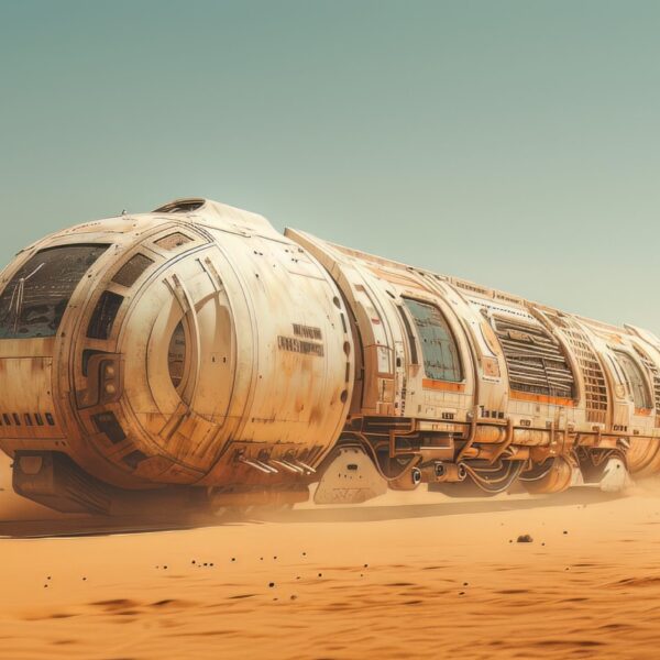 A photo of a Train Speeding Across a Desert in a Post Apocalyptic Realm