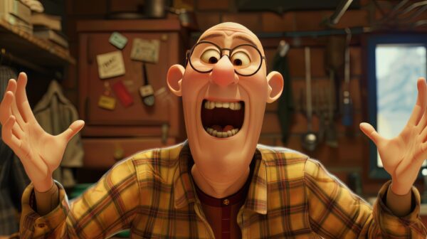 A photo of a happy and funny Pixar style bald man