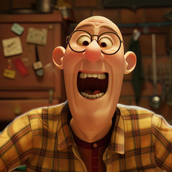 A photo of a happy and funny Pixar style bald man