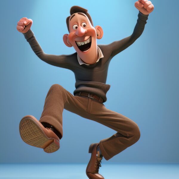 A photo of a happy and funny Pixar style man dancing