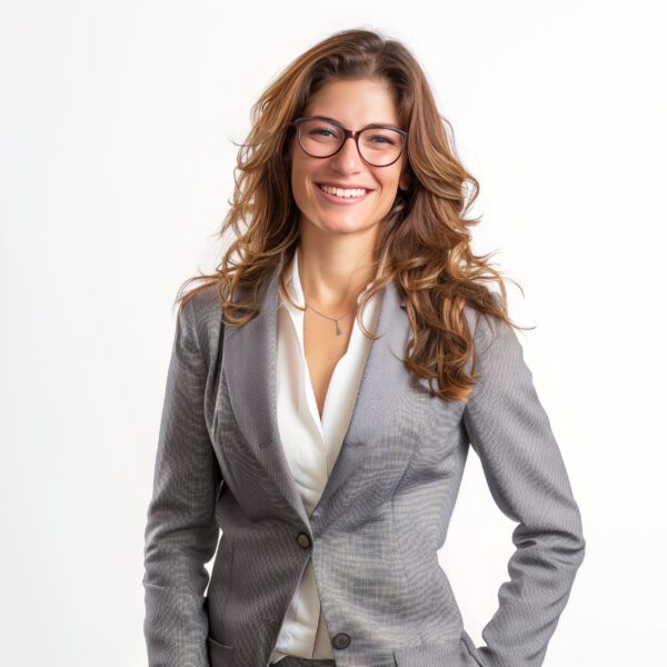 A photo of a white professional woman in a grey business suit