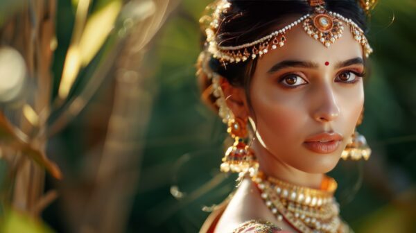 A photograph of a beautiful young bride in traditional Indian dress and jewelry