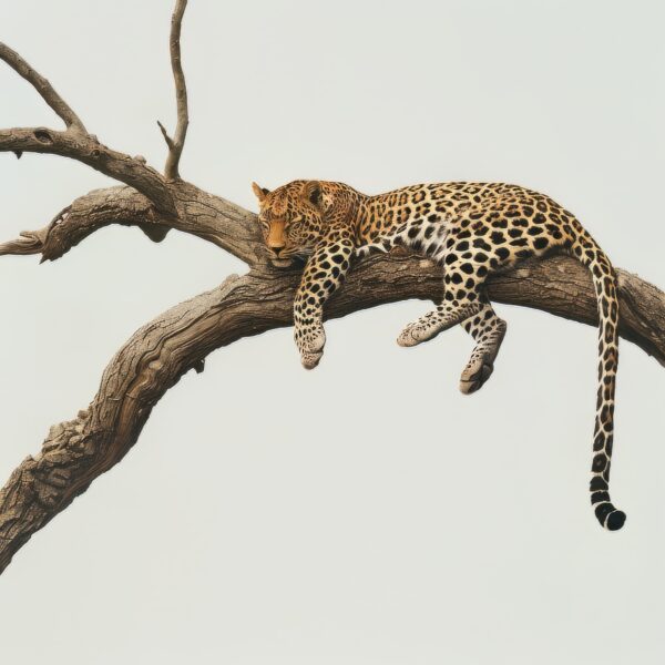 A photograph of a leopard napping on a tree branch