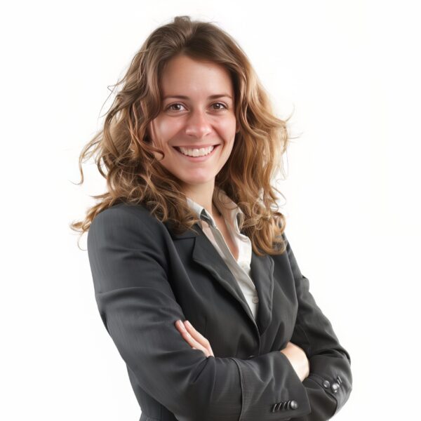 A photograph of a white businesswoman dressed in a suit