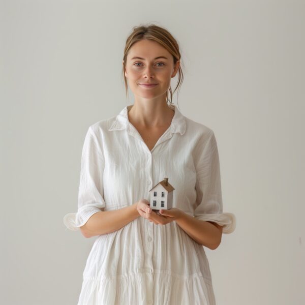 A photograph showing a British woman holding a house model